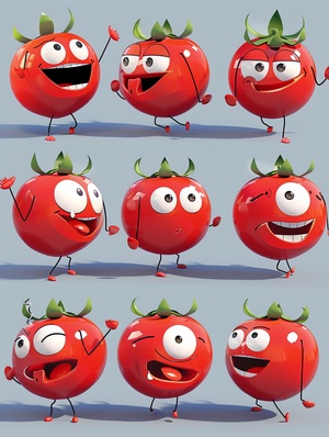 Tomato, chibi, 9 poses and expressions, nine panels, emoticons, emoticons [ happy, cute, expectant, laughing, happy ], ultra high definition