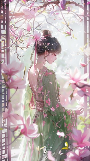 A girl in an exquisite green and pink dress, standing gracefully under the blooming magnolia tree with delicate flowers, surrounded by soft sunlight filtering through the window. The scene is captured from behind her as she walks towards the open door of the house. This enchanting moment captures nature's beauty and tranquility. The focus is on her face in the style of anime with a watercolor painting technique at a high resolution. ar 64:85