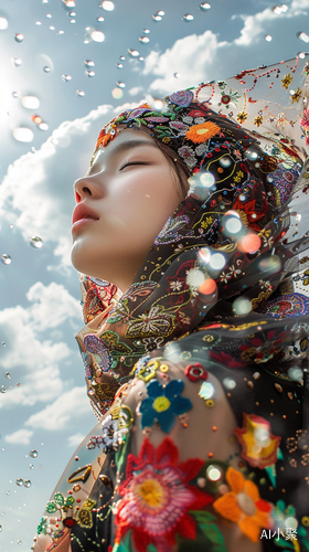 Intricate Embroidered Headscarf: A Surrealistic Portrait