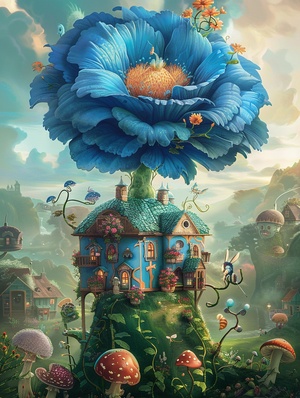 colorful pastel, RGB, the flower is an open blue pumpkin with many petals and small leaves at its top, it has two long green stems from which several tiny flowers grow, on one of them stands a house made entirely out of mushrooms, surrounded by magical creatures such as fairies, snails or bunnies in the style of Dr Seuss.