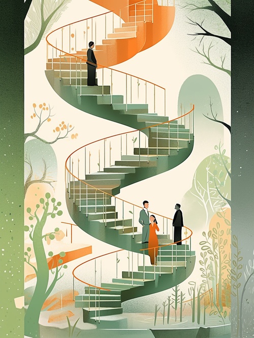 螺旋偶遇，an illustration shows two spiral staircases leading to each other in profile with trees and leaves around them. a man is walking down,an a woman is walking up one staircase holding out her hand.walking in opposite directions,chance encounter, the color palette includes light green tones, orange highlights, and soft shadows. This scene has a dreamy atmosphere, capturing both natural beauty and emotional depth. It's a serene moment that evokes warmth and nostalgia,deep light portrayal,3d renering nij