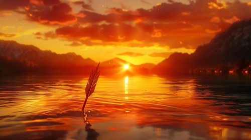 ((masterpiece)), ((best quality)), 8k, high detailed, ultra-detailed, a slow-motion arrow in flight, the setting sun's reflection on the arrowhead, a distant archer releasing the arrow, a tranquil river in the background, silhouettes of mountains, a sky filled with vibrant orange and red hues, (rippling water from the arrow's impact), (the archer's focused expression), (the arrow's feathered flight), (the lingering golden light of dusk)