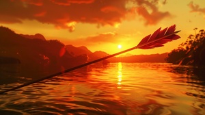 ((masterpiece)), ((best quality)), 8k, high detailed, ultra-detailed, a slow-motion arrow in flight, the setting sun's reflection on the arrowhead, a distant archer releasing the arrow, a tranquil river in the background, silhouettes of mountains, a sky filled with vibrant orange and red hues, (rippling water from the arrow's impact), (the archer's focused expression), (the arrow's feathered flight), (the lingering golden light of dusk)