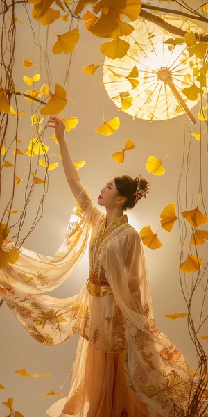 A dancer in traditional Chinese attire gracefully dances under the glow of an oversized yellow sun, surrounded by delicate ginkgo leaves. The scene exudes elegance and cultural richness against a white background, captured with the soft focus and warm tones reminiscent of film photography. This composition evokes ancient artistic beauty while showcasing dynamic dance movements that add energy to the overall visual experience