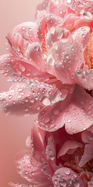 peony flower, crystal clear peonies, pale pink background, crystal dew water droplets on petals, high definition photography