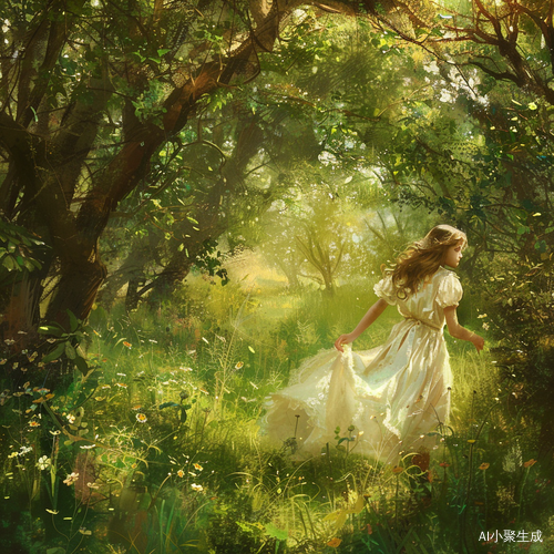 清新自由：少女在绿树丛中的漫步