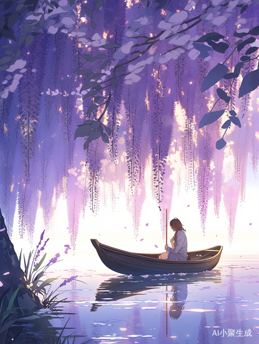 蓝楹花树环绕下的湖畔红衣女孩