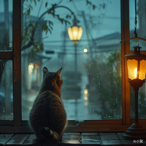 可爱的猫儿与乡村夜景