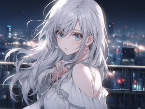 A girl with gray hair, dark blue eyes, white knee-length skirt, messy hair, bangs, long hair, necklace, dress, aloof, pure white skin, city background, perfect lighting, oval face, white moonlight, frontal shot，Roof background