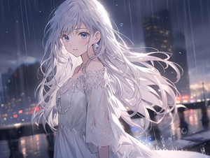 A girl with gray hair, dark blue eyes, white knee-length skirt, messy hair, bangs, long hair, necklace, dress, aloof, pure white skin, city background, perfect lighting, oval face, white moonlight, frontal shot，Roof background