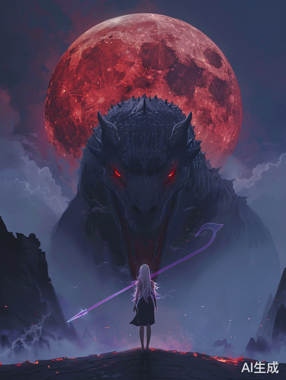 女战斗者面对巨大黑龙的背影