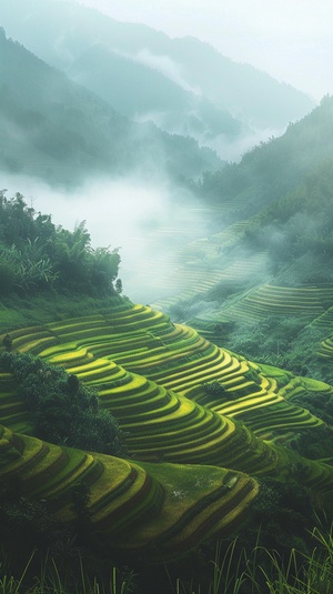 Rice terraces in the mountains of Vietnam, with green and yellow colors, natural light, misty weather, cinematic composition, high resolution photography, landscape photography, ultra realistic photography, epic scene, masterpiece, award-winning photo. The terraces were photographed in the style of epic, cinematic landscape photography with realistic colors and high resolution details capturing an epic natural scene amid misty weather