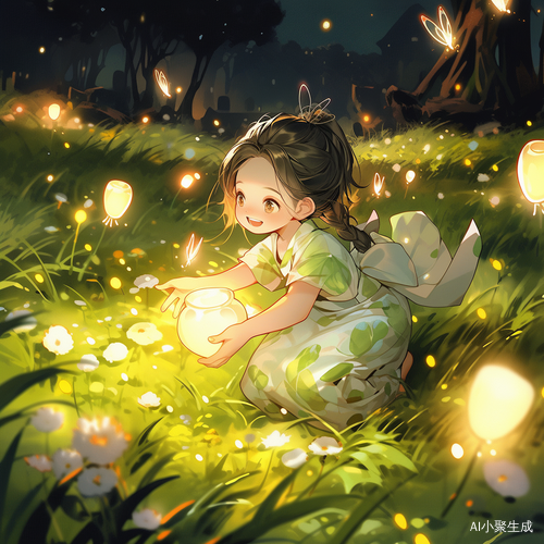 开心的小女孩在花海中夜游