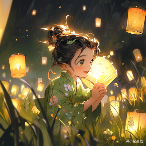 开心的小女孩在花海中夜游