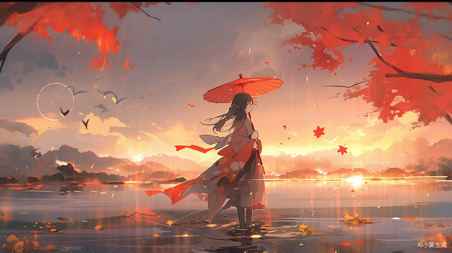 落霞与孤鹜齐飞，秋水共长天一色的中国风插画
