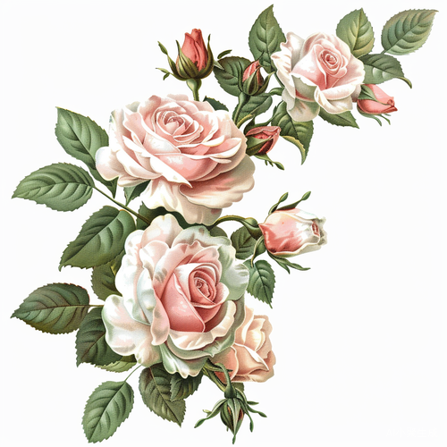 粉色绿叶玫瑰与白色玫瑰直角组合插画风