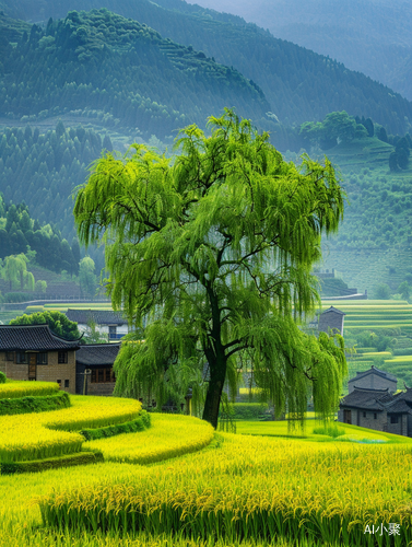 Chinese Fields and Mountains with Golden Rice Fields and Bright Colors