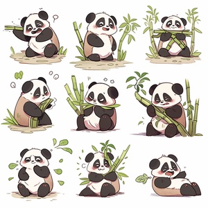 Cute Chinese panda holding a bamboo,AChinese panda holding aabamboo,multiple posis andexpressionsas, exaggerated,angry,happy,scared,Surprised,etc.as anillustrationset,in the style of boldmangalines,dynamic pose,dark whitebackground,emoticon pack, nine palacegrid layout, Old Meme Kernel,Chalk ar3:4 s 400 niji5