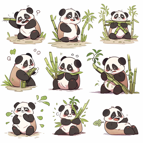 Cute Chinese Panda with Bamboo: Exaggerated and Expressive Illustrations