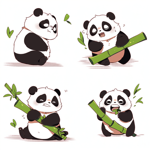 Cute Chinese Panda with Bamboo: Exaggerated and Expressive Illustrations