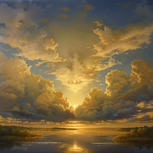 Golden tones render the whole picture, and the saturated afterglow of sunset glow illuminates the center of the sky. Clouds form a heart-shaped vacancy in the center of cumulus clouds, and the blue sky is revealed. The light and shadow of the sunset glow are also reflected on the lake, creating a beautiful scenery. The background is dominated by yellow-green clouds, which produces a refreshing visual effect. Meryl McMaster's artistic style has been displayed in his works, reaching the high-definition le