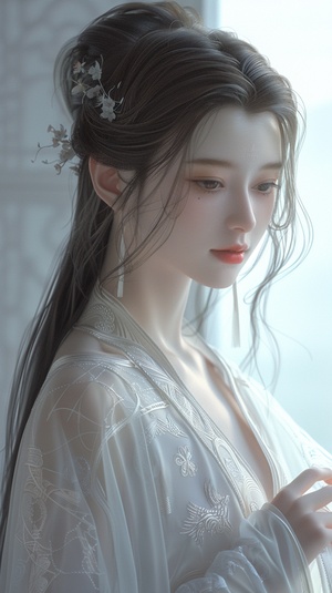 Beautiful and sensual lady, standing sideways, long flowing hair, pale complexion, ample bosom, crimson lips, delicate willow-leaf eyebrows, softly smiling with eyes half-closed, hands clasped, in a white, traditional Chinese dress with sheer and lace details, exuding an air of regal elegance, captured in 8K detail with a masterful composition.