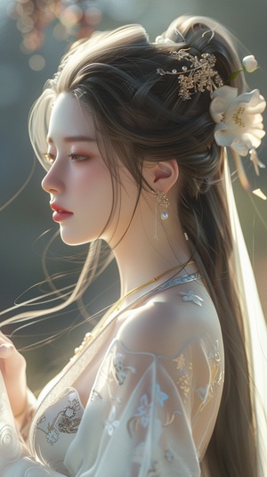 Beautiful and sensual lady, standing sideways, long flowing hair, pale complexion, ample bosom, crimson lips, delicate willow-leaf eyebrows, softly smiling with eyes half-closed, hands clasped, in a white, traditional Chinese dress with sheer and lace details, exuding an air of regal elegance, captured in 8K detail with a masterful composition.