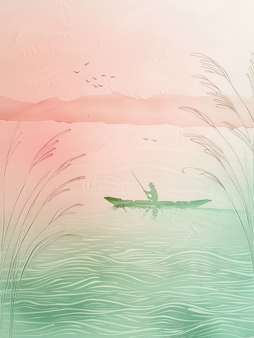 一意孤行A man rowing on the river, grass waves in foreground, pastel green and pink gradient background, relief paper carving style, simple lines, minimalist composition, soft lighting, delicate texture, peaceful atmosphere, tranquility of nature#midjourney #midjourney学习 #midjourney关键词 #艺术创作 #搞的就是艺术 #AI绘画 #审美 #东方美学 #望舒清欢 @艺术薯 @Midjourney中国社区