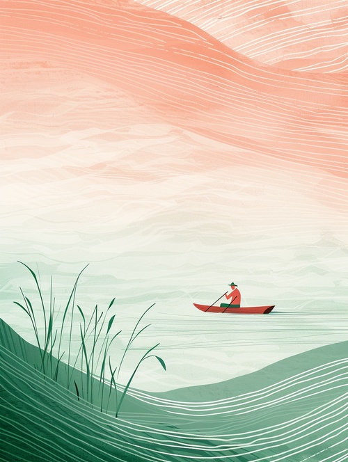 一意孤行A man rowing on the river, grass waves in foreground, pastel green and pink gradient background, relief paper carving style, simple lines, minimalist composition, soft lighting, delicate texture, peaceful atmosphere, tranquility of nature#midjourney #midjourney学习 #midjourney关键词 #艺术创作 #搞的就是艺术 #AI绘画 #审美 #东方美学 #望舒清欢 @艺术薯 @Midjourney中国社区