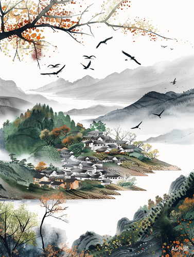 Spring Scenery Illustration with Green Mountains and Water