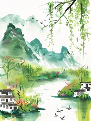 Spring scenery illustration with green mountains and water in the background, swallows flying above small houses on the shore of a flowing river, green willow trees, traditional Chinese ink painting style,rainy, colorful cartoon characters, colorful ink dots, flat composition, black border, pure white space at the top, pure black sky at the bottom, ultra high definition resolution, best quality ar 9:16 stylize 250 v 6.0#画画的日常 #人工智能艺术 #我和AI有话说 #生成艺术 #AI生成 #midjourney咒语 #Midjourney咒语 #midjourney #midjourney学习