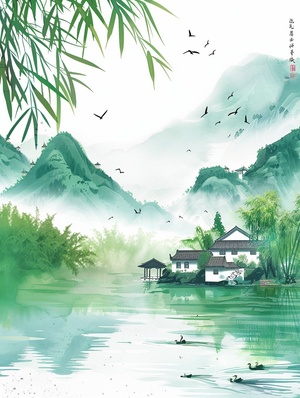 Spring scenery illustration with green mountains and water in the background, swallows flying above small houses on the shore of a flowing river, green willow trees, traditional Chinese ink painting style,rainy, colorful cartoon characters, colorful ink dots, flat composition, black border, pure white space at the top, pure black sky at the bottom, ultra high definition resolution, best quality ar 9:16 stylize 250 v 6.0#画画的日常 #人工智能艺术 #我和AI有话说 #生成艺术 #AI生成 #midjourney咒语 #Midjourney咒语 #midjourney #midjourney学习