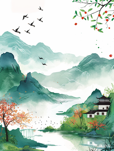 Spring Scenery Illustration with Green Mountains and Water