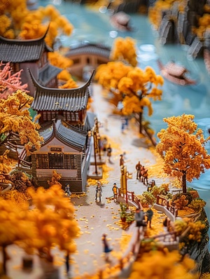 山水中国📷Mj V6: Chinese landscape with ancient Chinese architecture. Many people walking on paths in the village made of gold and silver silk threads, yellow trees all around, small boats floating on riverside roads, miniature scenes made from golden sand grains with exquisite details and a three-dimensional sense. A golden……#中式户外 #创意 #AIGC #midjourney #微缩 #中国风 #Ai绘画 #山水画 #模型