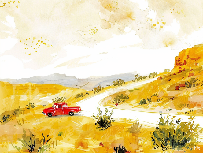 Spring Day Watercolor Details and Aerial View of Red Car in Yellow Desert