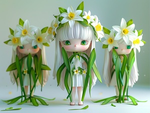 full body,generate three views, namely the front view,the side view and the back view, Super cute little girl with daffodil elements, white daffodils on her head and a dress made of long green leaves,blind box style chibi, Bubble Mart, IP design, simple background, natural light, best quality,3D models,C4D,blender,OC rendering 用niji5哈