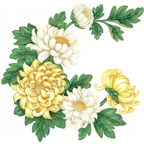 淡黄绿叶菊花与白花半圆插画风格