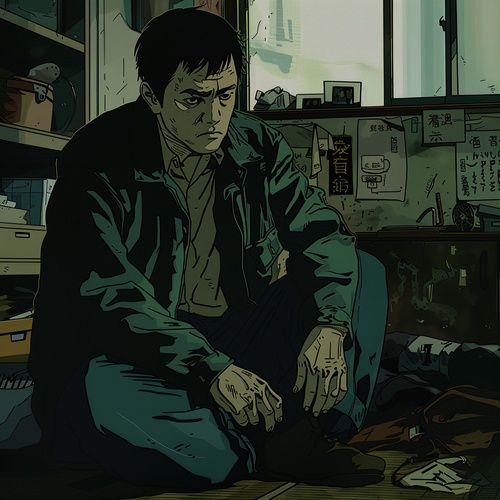 an anime showing a japanese man age 35 sitting in a dark room, medium shot，staring at the camera，in the style of northern china's terrain, ink line，emotionally charged portraits, stylized violence, dark white and teal, eerily realistic, street scene, colorized，subtle inkapplication，Illustration, dark green and dark blue, black outline, dark atmosphere and scary atmosphere