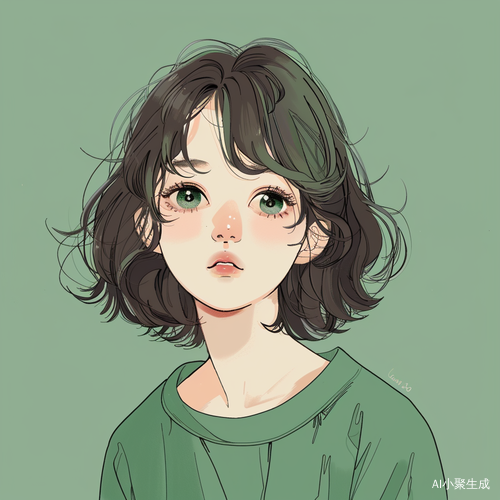 Adorable Acute Cartoon Girl in Green Shirt - Trendy Korean-style Illustration