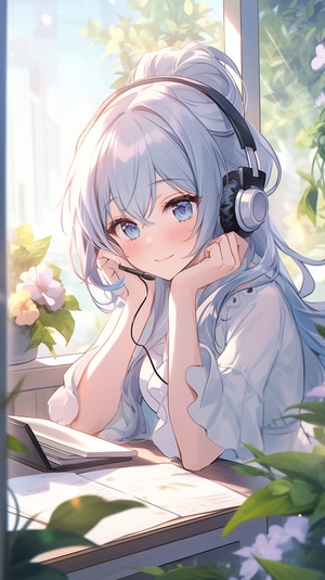 A lovely girl sits at a table reading and listening to music in front of an open window with flowers and potted plants outside. She was wearing a white shirt, a blue skirt, and white curtains fluttering. The scenes are depicted in an anime style, with bright colors, soft lighting, delicate lines, and simple backgrounds. The girl is smiling. AR 64：85