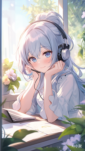 Lovely girl enjoys reading and music by the window