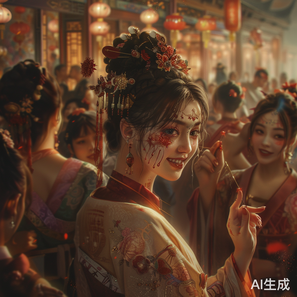 流血女生与笑指他的镜中自我：大型宴会上的狂欢舞