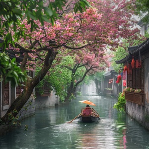 In the water town of Jiangnan, the ancient crabapple trees on the riverbank are full of colorful flowers. The houses in Jiangnan style allow people to walk along the riverbank in raincoats to work or go home. The boatman drove his small wooden boat along the flowing water. It's spring now, and the weather is rainy. Green plants and flowers have just emerged. You can also see traffic lights next to these houses. This photo was taken up close and has a high resolution, which is the style of traditional Ch