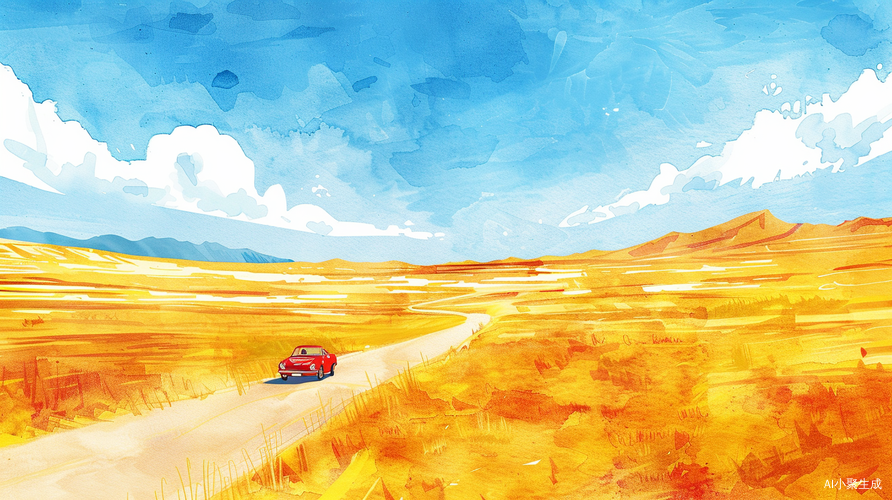 Spring day: Watercolor details painting, the red car in the desert