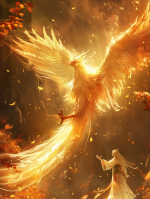 A phoenix, spreading its wings and tail to fly in the sky, is surrounded by golden light on all sides. long haired man wearing white Hanfu, stands below with his back facing up into the air, holding out one hand as if he was waving goodbye. The background features orange leaves falling from above, creating an oil painting style. ar 3:4 s 250 v 6.0