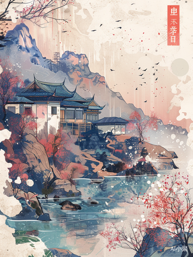 Illustration book page with 3D Chinese landscape