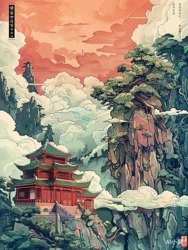 Illustration book page with 3D Chinese landscape