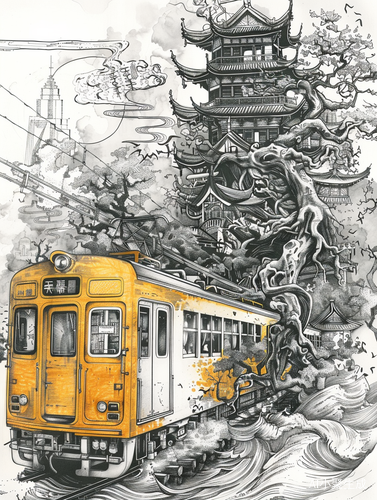 Fantasy Art: Old Train and Chaotic Chinese Pagodas