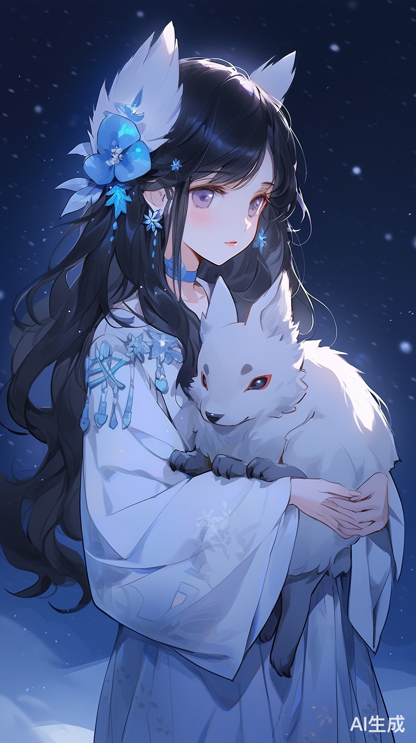长发黑发女孩手握冰狐，夜空蓝背景的神秘气氛