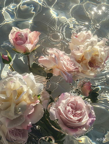 Anime Aesthetic: Pink and White Roses in Hyper-Realistic Water